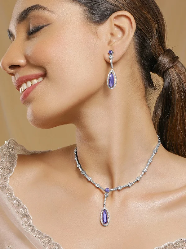 Jewelry Clearance Event – Last Chance For Stunning Deals Rhodium Plated Purple Sapphire Teardrop Pendant Necklace Set with AD & Cubic Zirconia