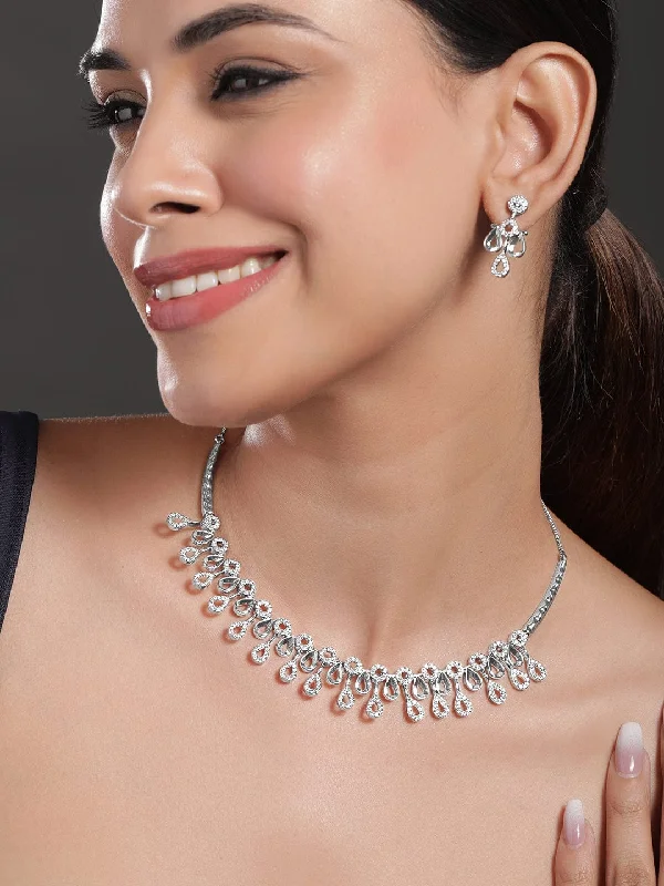 Discounted Jewelry For A Glamorous Look Rubans Rhodium-Plated White Cubic Zirconia Studded Teardrop Necklace Set