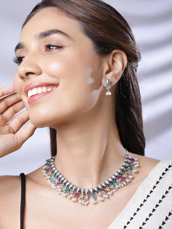 Affordable Glamour – Premium Jewelry At Special Prices Silver-Plated Oxidised Stone Studded Beaded Necklace Set Affordable Glamour – Premium Jewelry At Special Prices Silver-Plated Oxidised Stone Studded Beaded Necklace Set