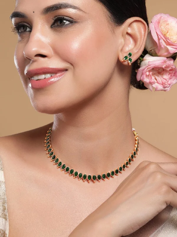 Grab Exquisite Jewelry At The Lowest Prices Rubans 18K Gold-Plated Emerald Studded Traditional Necklace Set Grab Exquisite Jewelry At The Lowest Prices Rubans 18K Gold-Plated Emerald Studded Traditional Necklace Set