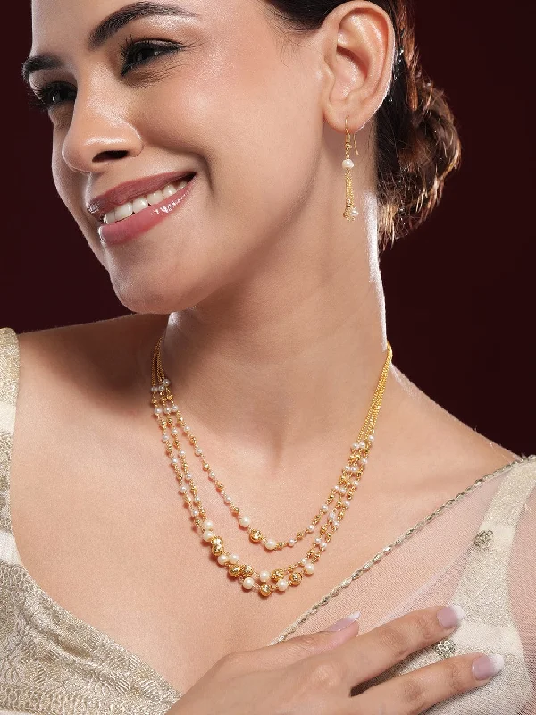 Shop Dazzling Jewelry At The Best Prices Rubans 18K Gold-Plated Multilayer Pearl Beaded Necklace Set with Matching Earrings Shop Dazzling Jewelry At The Best Prices Rubans 18K Gold-Plated Multilayer Pearl Beaded Necklace Set with Matching Earrings