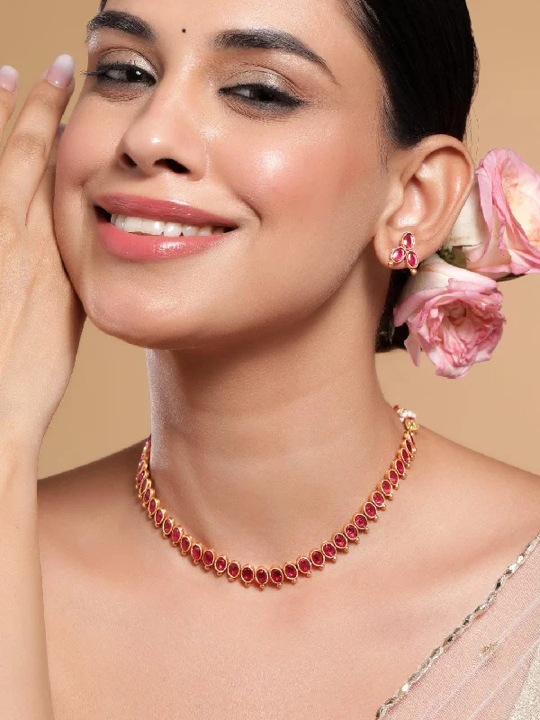 Jewelry Clearance – Final Chance To Save Big Rubans 18K Gold-Plated Ruby Pink Studded Traditional Necklace Set Jewelry Clearance – Final Chance To Save Big Rubans 18K Gold-Plated Ruby Pink Studded Traditional Necklace Set