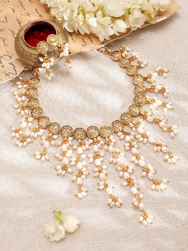 Get The Jewelry You Love At A Price You Love Rubans 22K Gold-Plated Coin Motif Necklace with White Beaded Pearl Dangling
