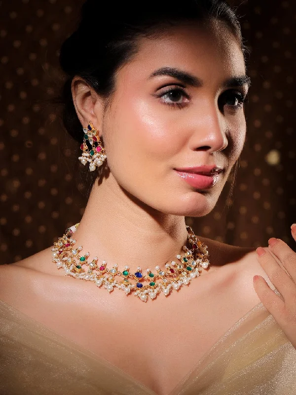 Holiday Jewelry Sale – Perfect Gifts At Great Prices Rubans 22K Gold-Plated Multicolor Stone Studded Choker Necklace Set with Pearl Accents