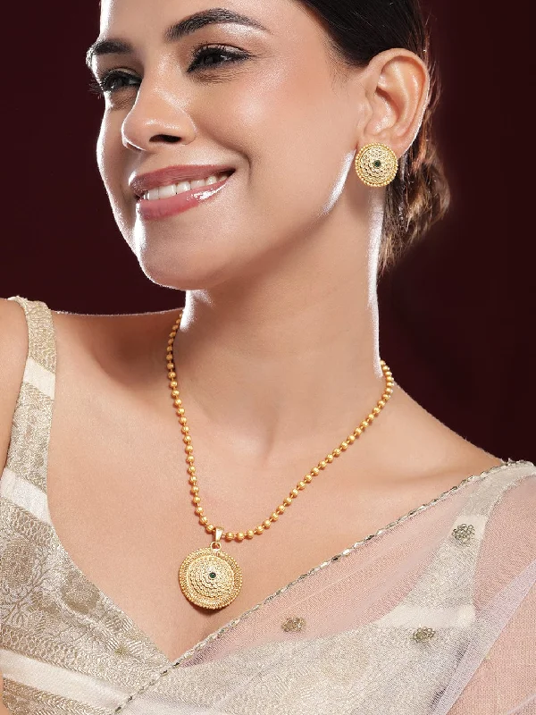 Bestselling Jewelry At Special Promotional Rates Rubans 22K Gold-Plated Intricate Green Stone and Golden beaded Traditional Jewellery Set Bestselling Jewelry At Special Promotional Rates Rubans 22K Gold-Plated Intricate Green Stone and Golden beaded Traditional Jewellery Set