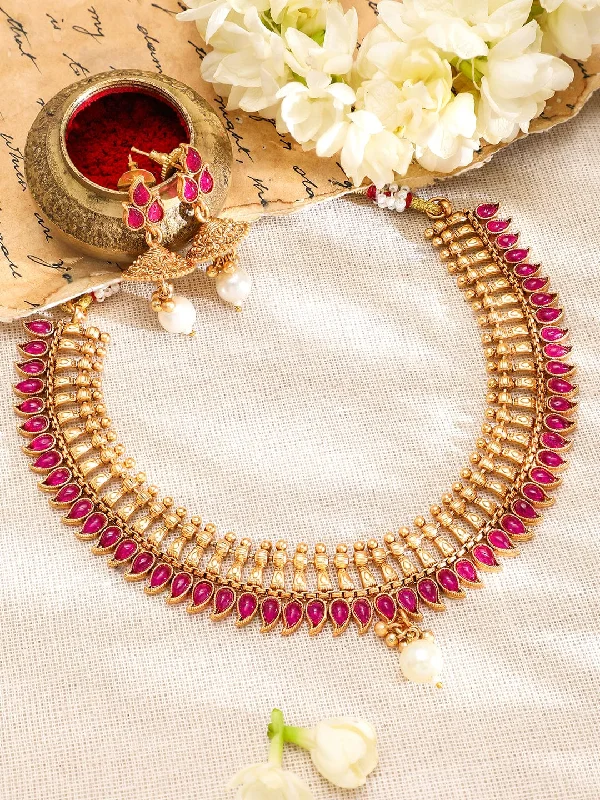 Luxury Meets Affordability – Jewelry Sale Now Live Rubans 22K Gold-Plated Ruby Pink Stone & Pearl Drop Traditional Jewellery Set Luxury Meets Affordability – Jewelry Sale Now Live Rubans 22K Gold-Plated Ruby Pink Stone & Pearl Drop Traditional Jewellery Set