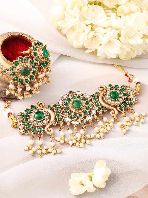 Sparkle More For Less – Jewelry Sale Happening Now Rubans 22K Gold-Plated Emerald Green Kundan Studded Choker Jewellery Set with Pearl Accents Sparkle More For Less – Jewelry Sale Happening Now Rubans 22K Gold-Plated Emerald Green Kundan Studded Choker Jewellery Set with Pearl Accents