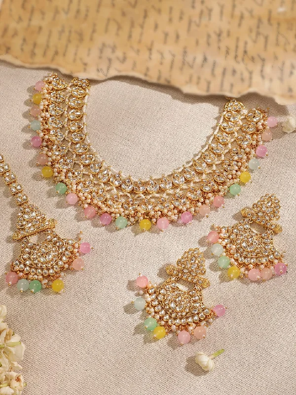 High-Quality Jewelry At A Fraction Of The Cost Rubans 22K Gold plated Kundan studded multicolour beaded chandbali motif Statement Necklace Set