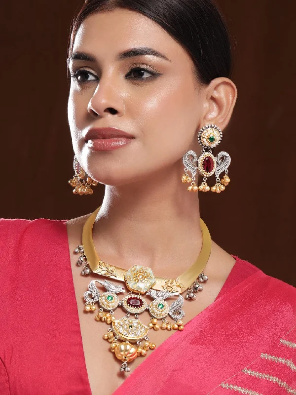 Limited-Stock Jewelry Sale – Once It's Gone, It's Gone Rubans Dual-Plated Silver & Gold Choker Set with Ruby, Emerald, Kundan & Gold-Silver Beads Limited-Stock Jewelry Sale – Once It's Gone, It's Gone Rubans Dual-Plated Silver & Gold Choker Set with Ruby, Emerald, Kundan & Gold-Silver Beads