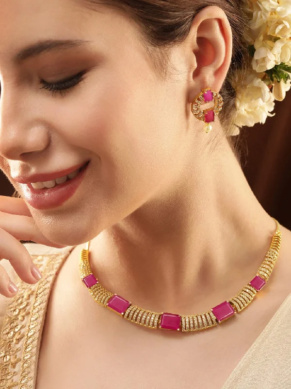 Premium Jewelry, Premium Discounts – Act Fast Rubans 22K Gold-Plated Ruby Pink & White Cubic Zirconia Studded Premium Jewellery Set with Earrings Premium Jewelry, Premium Discounts – Act Fast Rubans 22K Gold-Plated Ruby Pink & White Cubic Zirconia Studded Premium Jewellery Set with Earrings