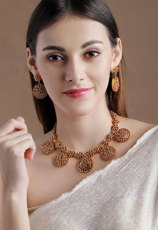 Don't Miss Our Biggest Jewelry Sale Of The Season Rubans 22K Gold Plated Red Green Artifical Stone Studded Handcrafted Traditional Necklace Set Don't Miss Our Biggest Jewelry Sale Of The Season Rubans 22K Gold Plated Red Green Artifical Stone Studded Handcrafted Traditional Necklace Set