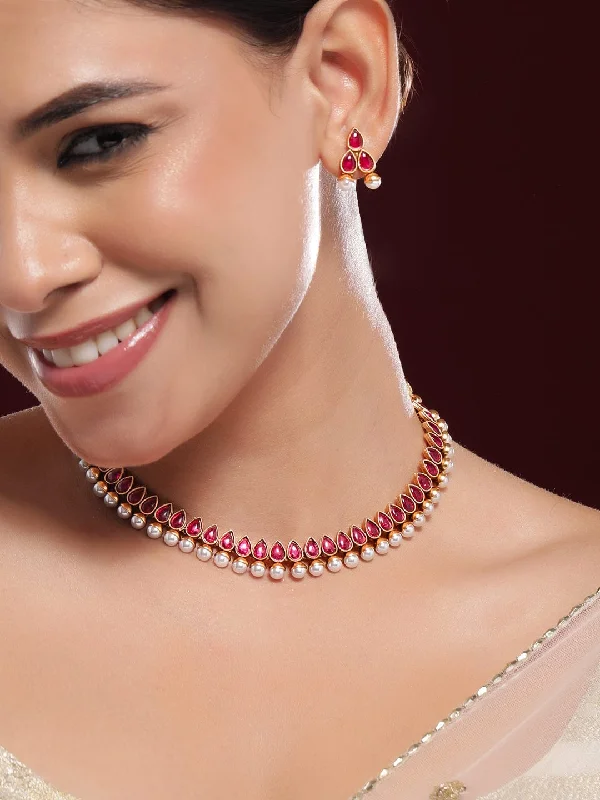 Timeless Jewelry At Special Discount Rates Rubans 22K Gold-Plated Red Stone & Pearl Beaded Traditional Jewellery Set Timeless Jewelry At Special Discount Rates Rubans 22K Gold-Plated Red Stone & Pearl Beaded Traditional Jewellery Set