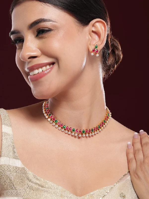 High-End Jewelry, Now More Affordable Than Ever Rubans 22K Gold-Plated Red & Green Stone and Pearl Beaded Traditional Jewellery Set High-End Jewelry, Now More Affordable Than Ever Rubans 22K Gold-Plated Red & Green Stone and Pearl Beaded Traditional Jewellery Set