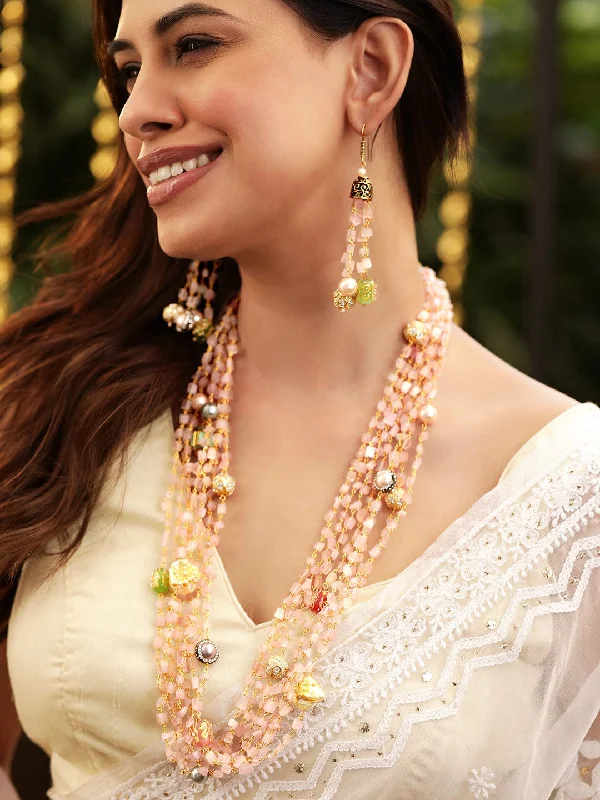 Affordable Luxury Jewelry – Style At A Great Price Rubans 22K Gold plated Rose Quartz Semi precious Gem Beaded Zirconia studded Multilayer Statement Necklace Set. Affordable Luxury Jewelry – Style At A Great Price Rubans 22K Gold plated Rose Quartz Semi precious Gem Beaded Zirconia studded Multilayer Statement Necklace Set.