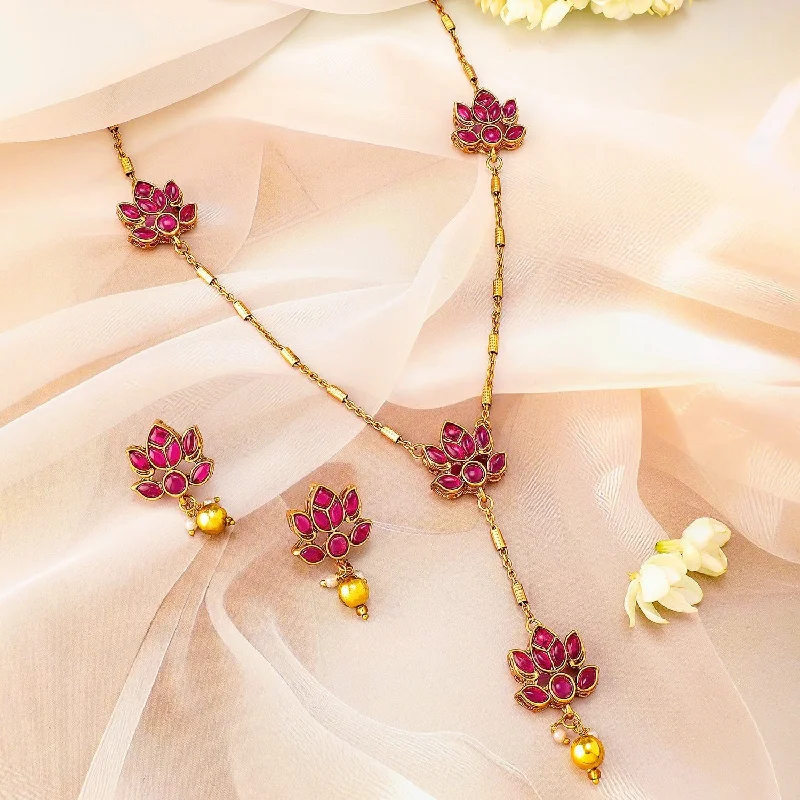 Grab Your Dream Jewelry At The Lowest Prices Rubans 22K Gold Plated Ruby Pink Studded Layered Lotus Motif Necklace Set