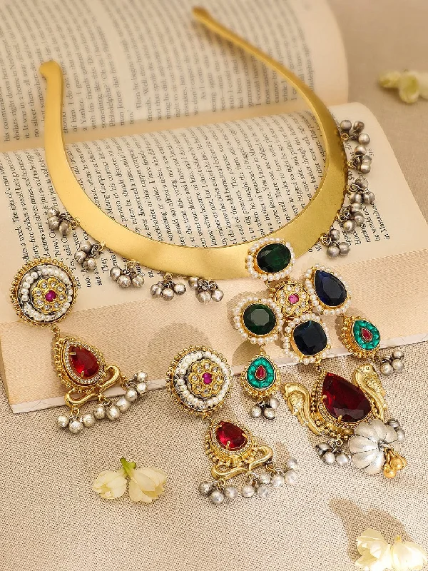 Buy More, Save More On Stunning Jewelry Pieces Rubans 22K Gold-Plated Ruby,Emerald & Blue Stone Studded Choker Set with Gold-Silver Beads