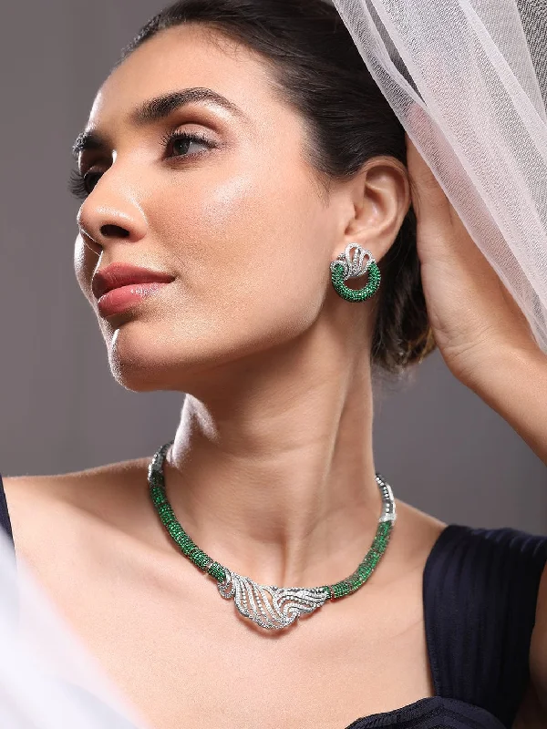 Elegant Jewelry, Exclusive Prices – Shop Now Rubans Silver-Plated Emerald Green & AAA Cubic Zirconia Statement Necklace Set with Artistic Wave Design Elegant Jewelry, Exclusive Prices – Shop Now Rubans Silver-Plated Emerald Green & AAA Cubic Zirconia Statement Necklace Set with Artistic Wave Design