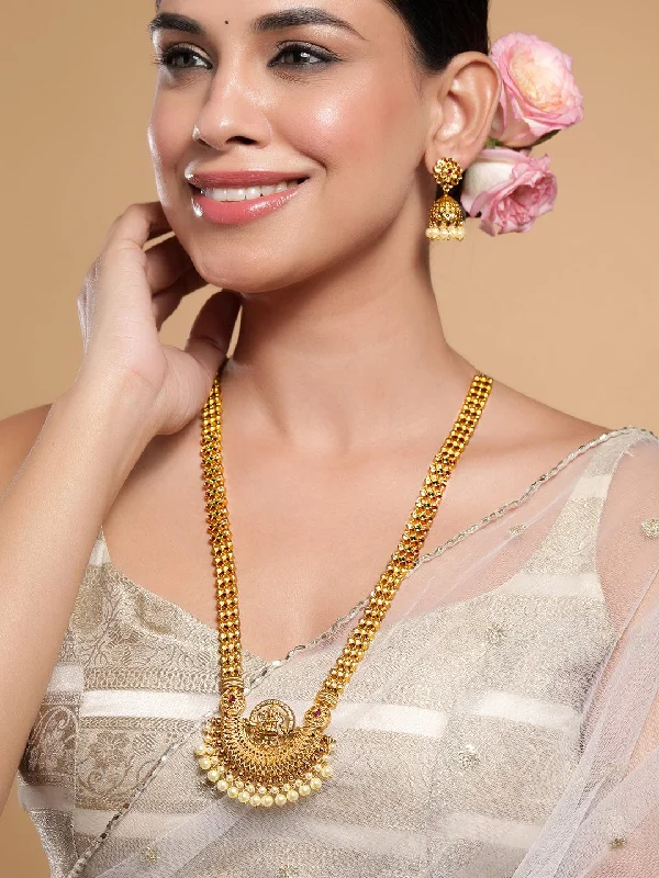 Fine Jewelry, Limited-Time Offers Available Rubans 22K Gold-Plated Traditional Temple Jewellery Set with Lakshmi Motifs & Pearl Drops Fine Jewelry, Limited-Time Offers Available Rubans 22K Gold-Plated Traditional Temple Jewellery Set with Lakshmi Motifs & Pearl Drops