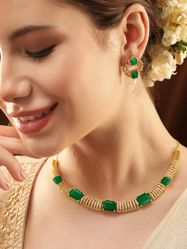 Jewelry Clearance Sale – Final Reductions Rubans 22K Gold-Plated Emerald Green & Cubic Zirconia Studded Premium Jewellery Set with Earrings Jewelry Clearance Sale – Final Reductions Rubans 22K Gold-Plated Emerald Green & Cubic Zirconia Studded Premium Jewellery Set with Earrings