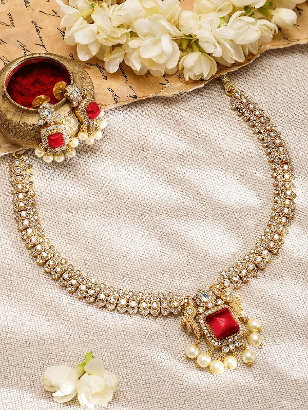 Get Ready To Sparkle – Special Jewelry Discounts Rubans 22K Gold-Plated Ruby Red & White CubicZirconia Studed Jewellery Set with Pearl Drop Get Ready To Sparkle – Special Jewelry Discounts Rubans 22K Gold-Plated Ruby Red & White CubicZirconia Studed Jewellery Set with Pearl Drop