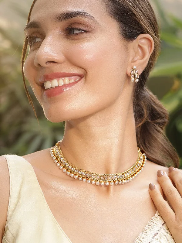 Affordable Luxury Jewelry For Every Occasion Rubans 22K Gold-Plated White Kundan Studded & Pearl Beaded Handcrafted Jewellery Set Affordable Luxury Jewelry For Every Occasion Rubans 22K Gold-Plated White Kundan Studded & Pearl Beaded Handcrafted Jewellery Set
