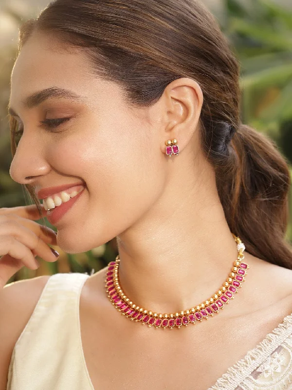 Best-Selling Jewelry Styles Now At Exclusive Discounts Rubans 22KT Gold-Plated Brass Red Stone Studded Necklace Set