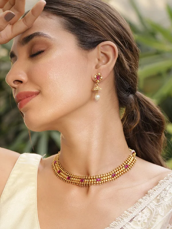 Unbeatable Offers On Luxury And Everyday Jewelry Rubans 22KT Gold Plated Brass Red Stone Studded Pearls Hanging Layered Necklace Set