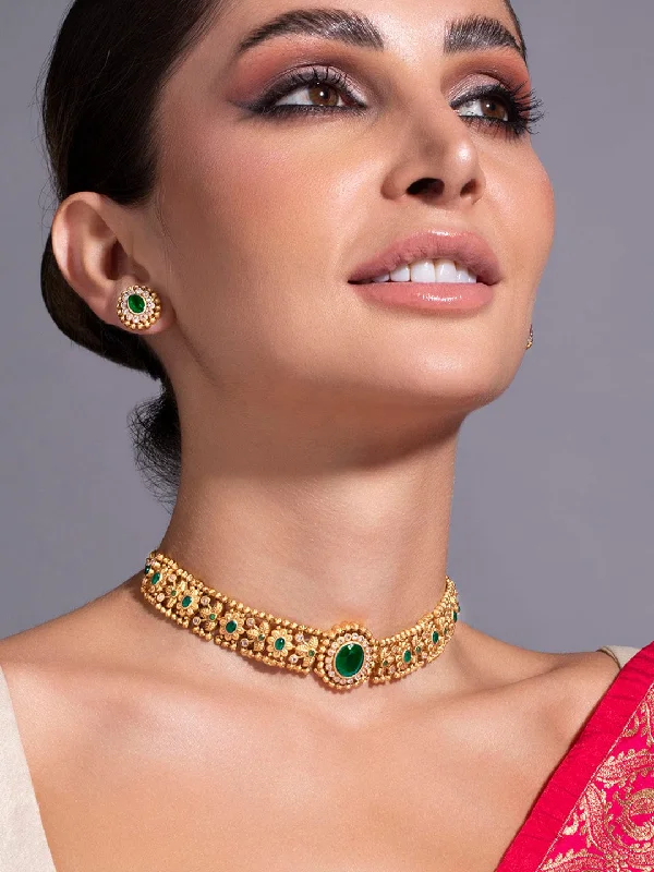Elegant Rose Gold Jewelry For A Stylish Touch Rubans 24K Gold-Plated Emerald -Studded Jewellery Set Elegant Rose Gold Jewelry For A Stylish Touch Rubans 24K Gold-Plated Emerald -Studded Jewellery Set