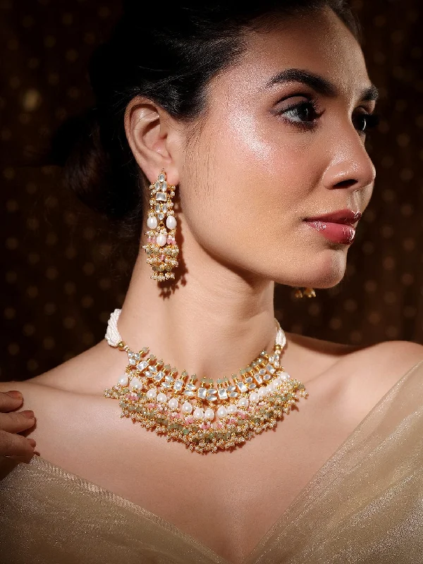 Shop Dazzling Jewelry With Special Promotional Discounts Rubans 24K Gold-Plated Pachi Kundan Studded Choker Set with Pastel Pink & Green Beads & Pearl Drops