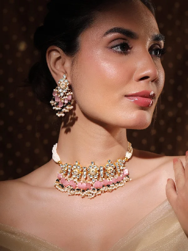 Exclusive Jewelry Bundles At Discounted Rates Rubans 24K Gold-Plated Pachi Kundan Studded Choker Set with Pink Beads & Pearl Accents