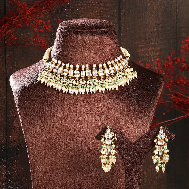 Special Deals On Handcrafted And Designer Jewelry Rubans 24K Gold-Plated Pachi Kundan Studded Necklace & Earrings Set with Pearl & Green Bead Details
