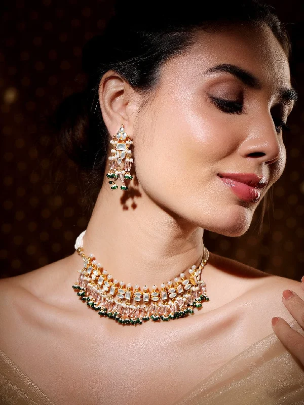 Trending Jewelry Now Available At Exclusive Prices Rubans 24K Gold-Plated Pachi Kundan Studded Choker Set with Champagne Beads & Green Accents