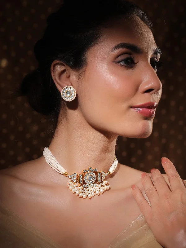 Premium Jewelry At Special Low Prices For A Limited Time Rubans 24K Gold-Plated Pachi Kundan Studded Choker Set with Multi-Strand Pearl Beads