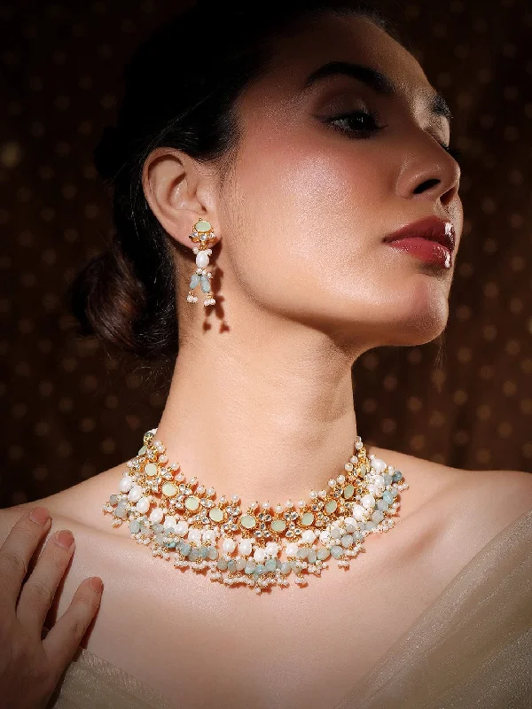 Discounted Luxury Jewelry – Shine Without The Splurge Rubans 24K Gold-Plated Pachi Kundan Studded Choker Jewellery Set with White & Aqua Beads