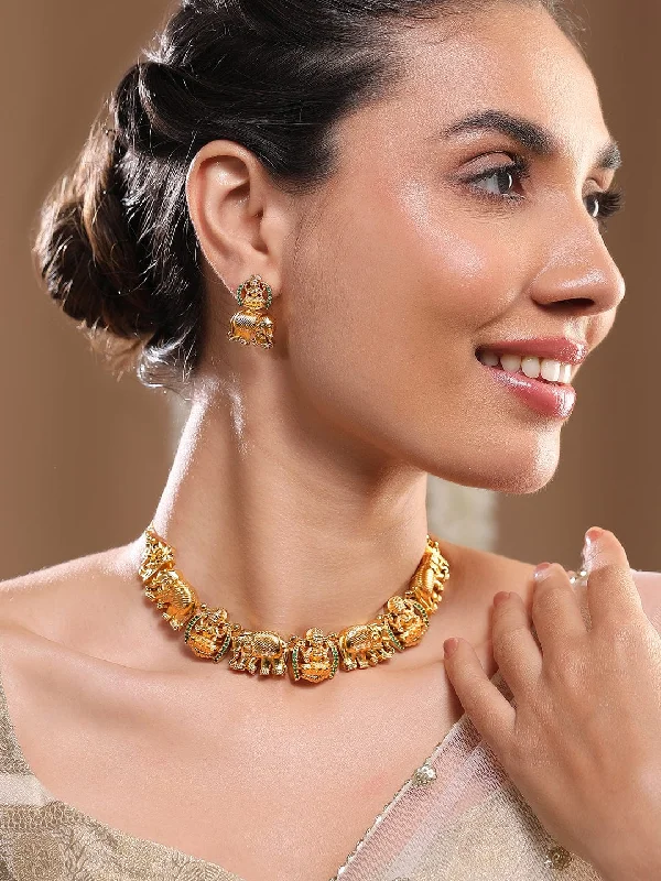Luxury Jewelry At Unbeatable Discounts Rubans 22K Gold-Plated Lakshmi & Elephant Motifs Temple Jewellery Set with Green Accents Luxury Jewelry At Unbeatable Discounts Rubans 22K Gold-Plated Lakshmi & Elephant Motifs Temple Jewellery Set with Green Accents