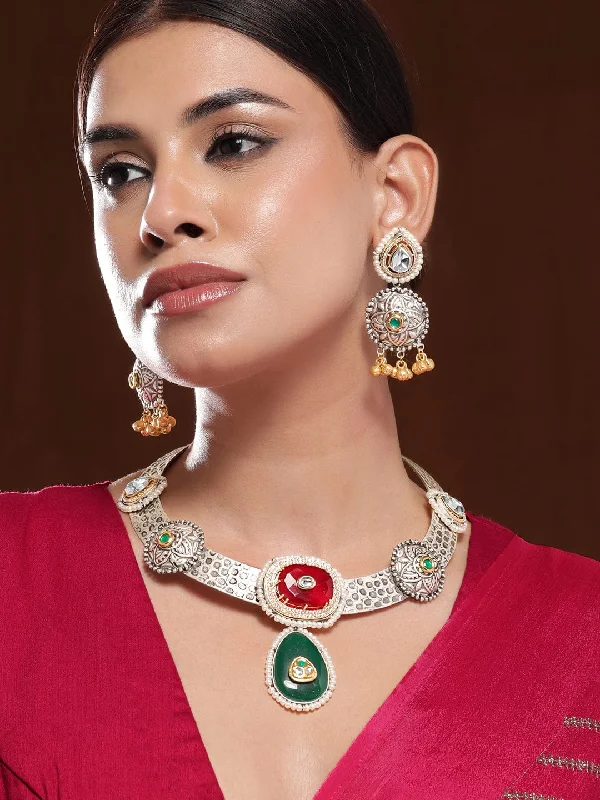 Stunning Jewelry At A Fraction Of The Price Rubans Oxidised Silver-Plated Choker Necklace Set with Ruby Red, Emerald Green, Pearl & Gold Beads Stunning Jewelry At A Fraction Of The Price Rubans Oxidised Silver-Plated Choker Necklace Set with Ruby Red, Emerald Green, Pearl & Gold Beads
