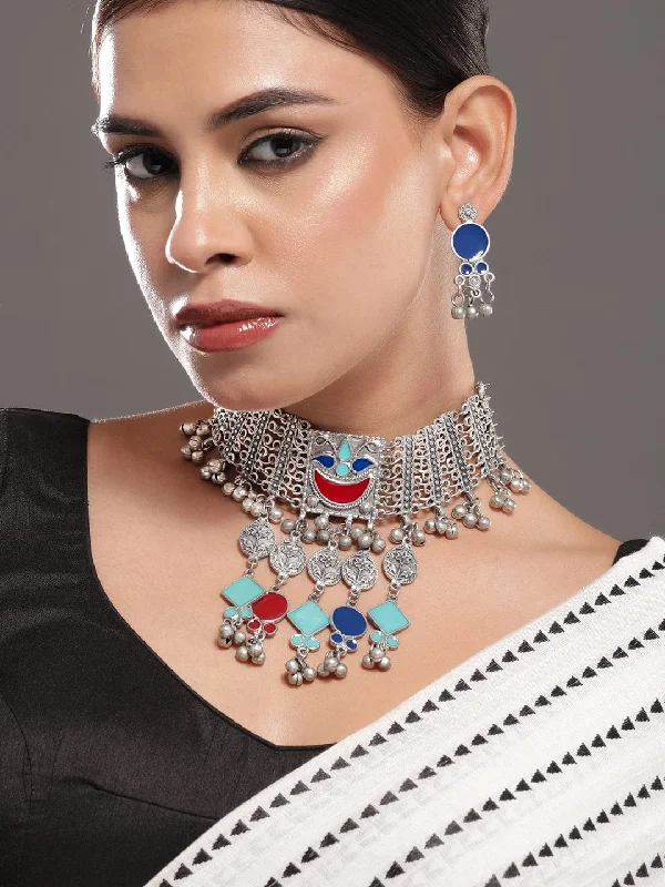 Make Every Moment Shine – Jewelry Discounts Available Rubans Oxidised Silver-Plated Choker Necklace Set with Vibrant Blue, Red & Turquoise Accents Make Every Moment Shine – Jewelry Discounts Available Rubans Oxidised Silver-Plated Choker Necklace Set with Vibrant Blue, Red & Turquoise Accents