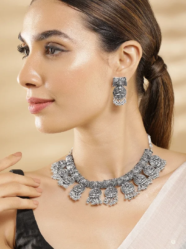 Celebrate Every Occasion With Sparkling Savings Rubans Oxidized Silver-Plated Traditional Goddess Lakshmi Coin Necklace Set with Beads Celebrate Every Occasion With Sparkling Savings Rubans Oxidized Silver-Plated Traditional Goddess Lakshmi Coin Necklace Set with Beads
