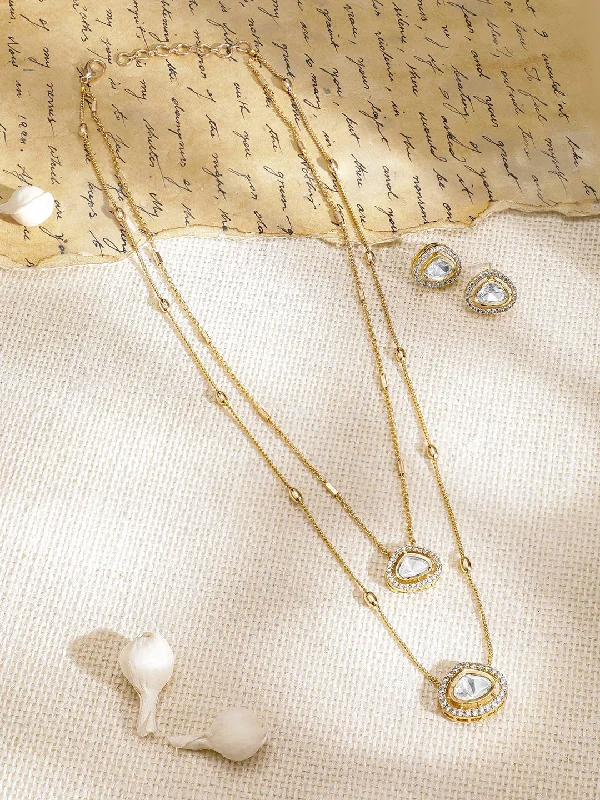 Shop Dazzling Rings, Earrings, And More At Special Discounts Rubans Premium 22K Gold Plated Polki and CZ Studded Double Layered Trendy Necklace Set with Earrings