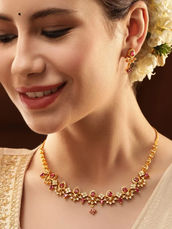 Unique Jewelry Designs Now At Discounted Rates Rubans 22K Gold Plated Ruby & Cubic Zirconia Studded Handcrafted Traditional Jewellery Set