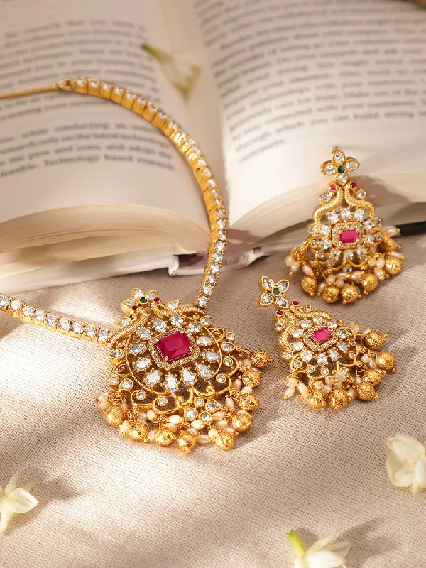 Exclusive Jewelry Discounts – Shop Now For Savings Rubans 22K Gold Plated Ruby & Cubic Zirconia Studded Jewellery Set with Golden & Pearl Beads