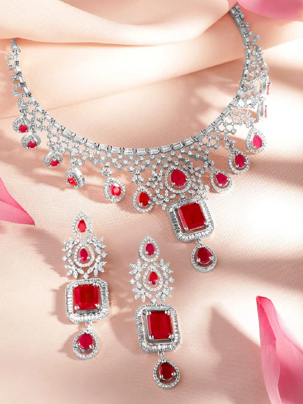 Handcrafted Beauty At Affordable Prices Rubans Rhodium-Plated Cubic Zirconia Studded Necklace and Earrings Handcrafted Beauty At Affordable Prices Rubans Rhodium-Plated Cubic Zirconia Studded Necklace and Earrings