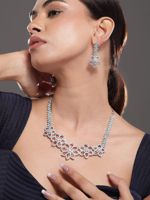 Affordable Elegance – Special Jewelry Sale Now Live Rubans Rhodium-Plated Floral Shape Sapphire & CZ Studded Necklace & Earrings Affordable Elegance – Special Jewelry Sale Now Live Rubans Rhodium-Plated Floral Shape Sapphire & CZ Studded Necklace & Earrings