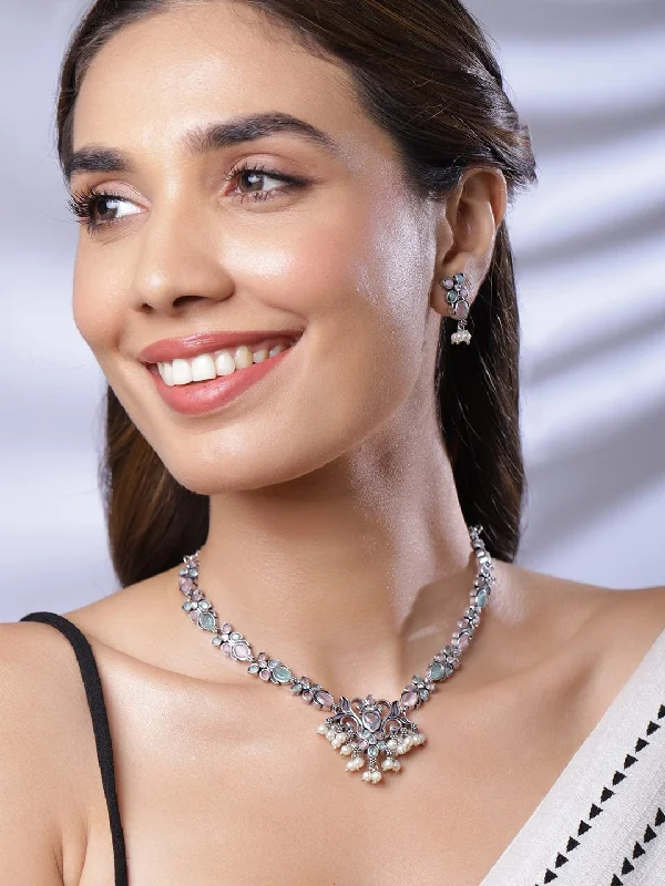 Your Perfect Accessory At The Perfect Price Rubans Rhodium Plated Floral Stones Studded Jewellery Set