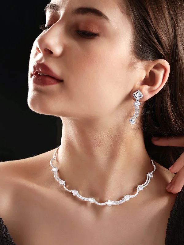 Bold And Beautiful Jewelry Now At Irresistible Prices Rubans Rhodium Plated Zirconia studded Contemprory Sleek NEcklace set Bold And Beautiful Jewelry Now At Irresistible Prices Rubans Rhodium Plated Zirconia studded Contemprory Sleek NEcklace set