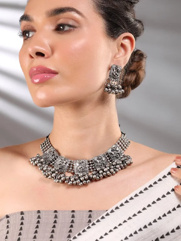 Timeless Elegance At Unbelievable Discounts Rubans Silver-Plated Beaded-Studded Oxidized Jewellery Set Timeless Elegance At Unbelievable Discounts Rubans Silver-Plated Beaded-Studded Oxidized Jewellery Set