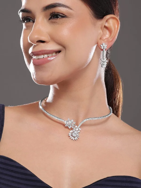 Stunning Jewelry At Even More Stunning Prices Rubans Silver-Plated Cubic Zirconia-Studded Floral Statement Jewellery Set Stunning Jewelry At Even More Stunning Prices Rubans Silver-Plated Cubic Zirconia-Studded Floral Statement Jewellery Set
