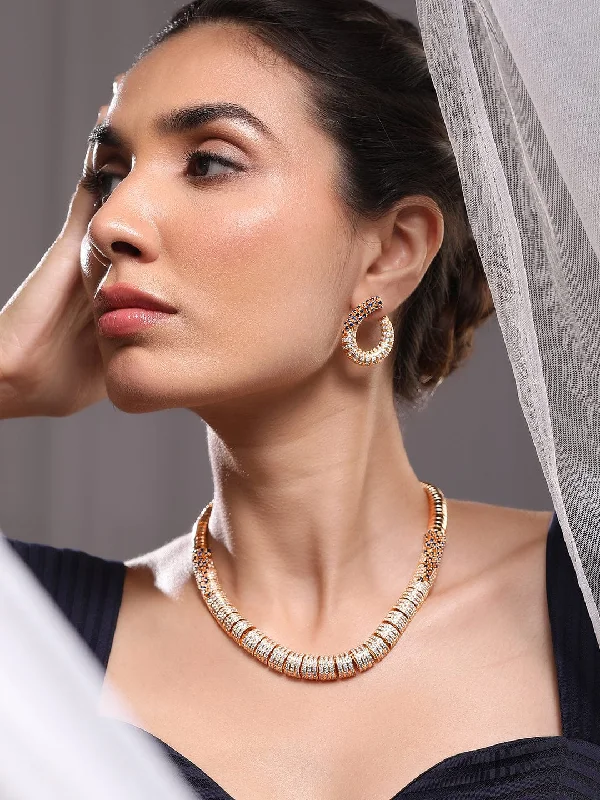 Grab Your Favorite Jewelry At The Lowest Prices Rubans 24K Gold Plated AAA Cubic Zirconia Studded Statement Necklace Set with Midnight Blue Detail Grab Your Favorite Jewelry At The Lowest Prices Rubans 24K Gold Plated AAA Cubic Zirconia Studded Statement Necklace Set with Midnight Blue Detail