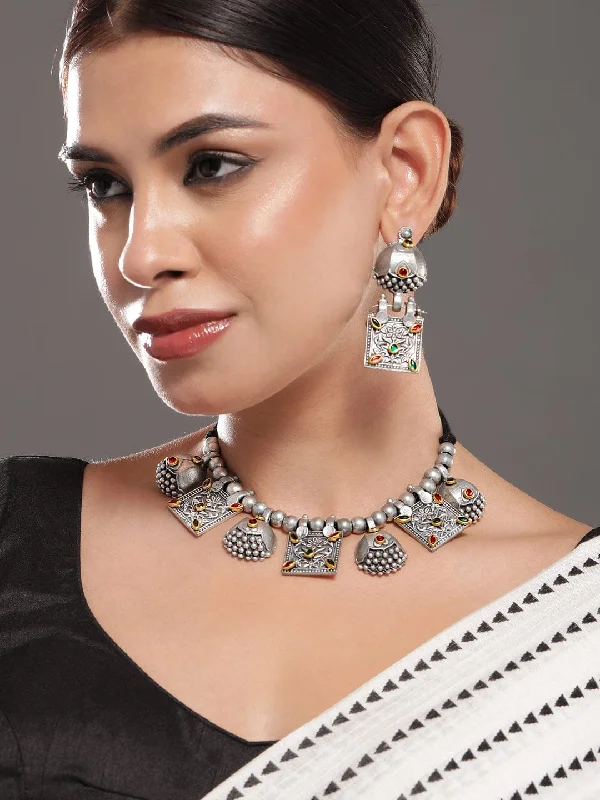 Best Jewelry Sale Prices – Limited-Time Offer Rubans Silver-Plated Ruby Emerald Stone-Studded & Beaded Square Motif Necklace & Earrings