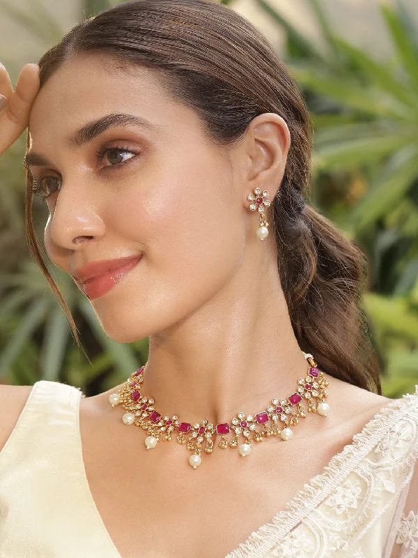 Seasonal Jewelry Deals – Elevate Your Style 22KT Gold Plated Brass Metal Ruby Studded White Beaded Floral Necklace Set Seasonal Jewelry Deals – Elevate Your Style 22KT Gold Plated Brass Metal Ruby Studded White Beaded Floral Necklace Set